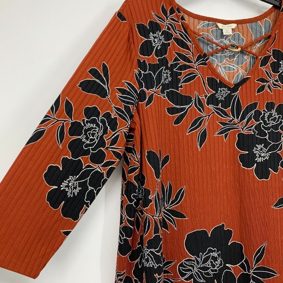 Cato Top Orange Black Floral Print Cut Out Strappy V Neck - Picture 3 of 8